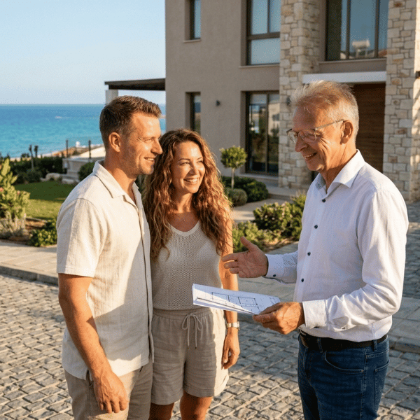 Gerhard Hehtke bei einer Bauberatung mit einem Paar auf Zypern